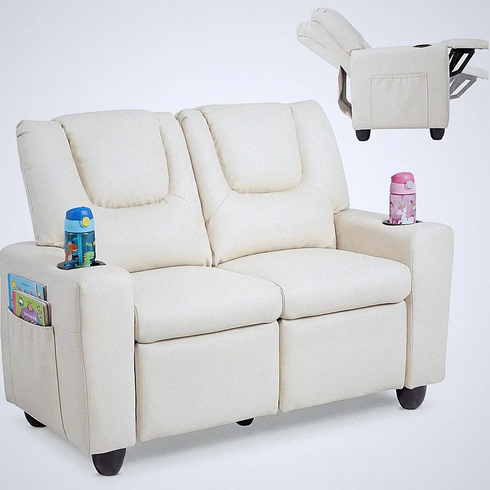 2-Seater Kids Recliner w/Cup Holders Side Storage Pockets Adjustable Backrest