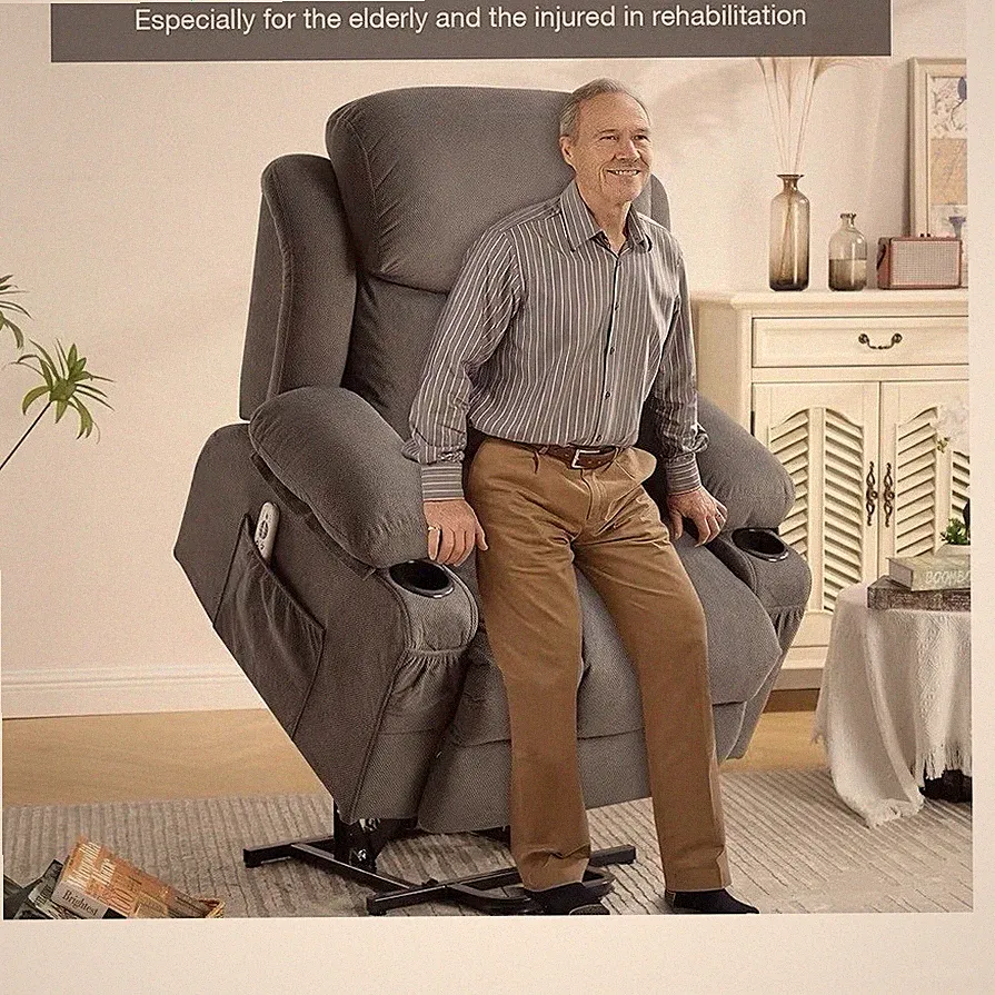 BOSMILLER Power Lift Recliner Light Grey Vibration Massage Heated USB Cup Holder