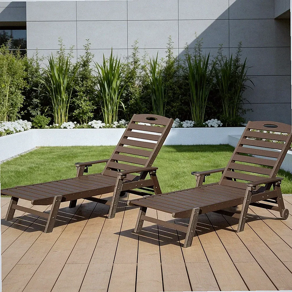 Domi Outdoor 2pcs HDPE Chaise Lounge w/Reclining Backrest for Patio,Brown