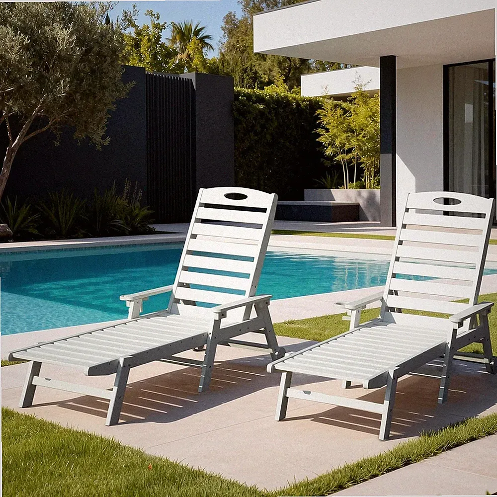 Domi Outdoor 2pcs HDPE Chaise Lounge w/Reclining Backrest for Patio,White
