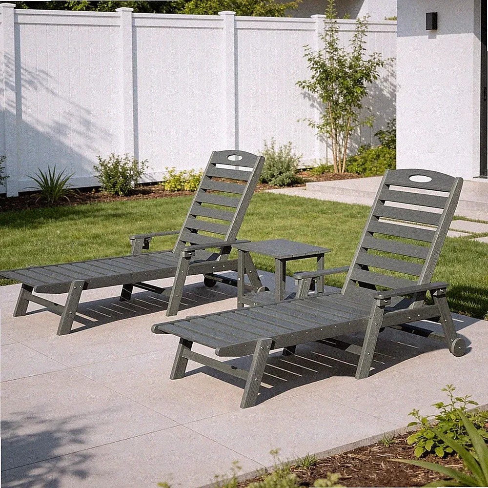 Domi Outdoor 2pcs HDPE Chaise Lounge w/Table&Reclining Backrest for Patio,Grey
