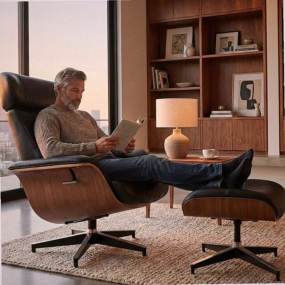 Genuine Leather Chaise Lounge Chair with Ottoman Recliner Swivel Arm chair