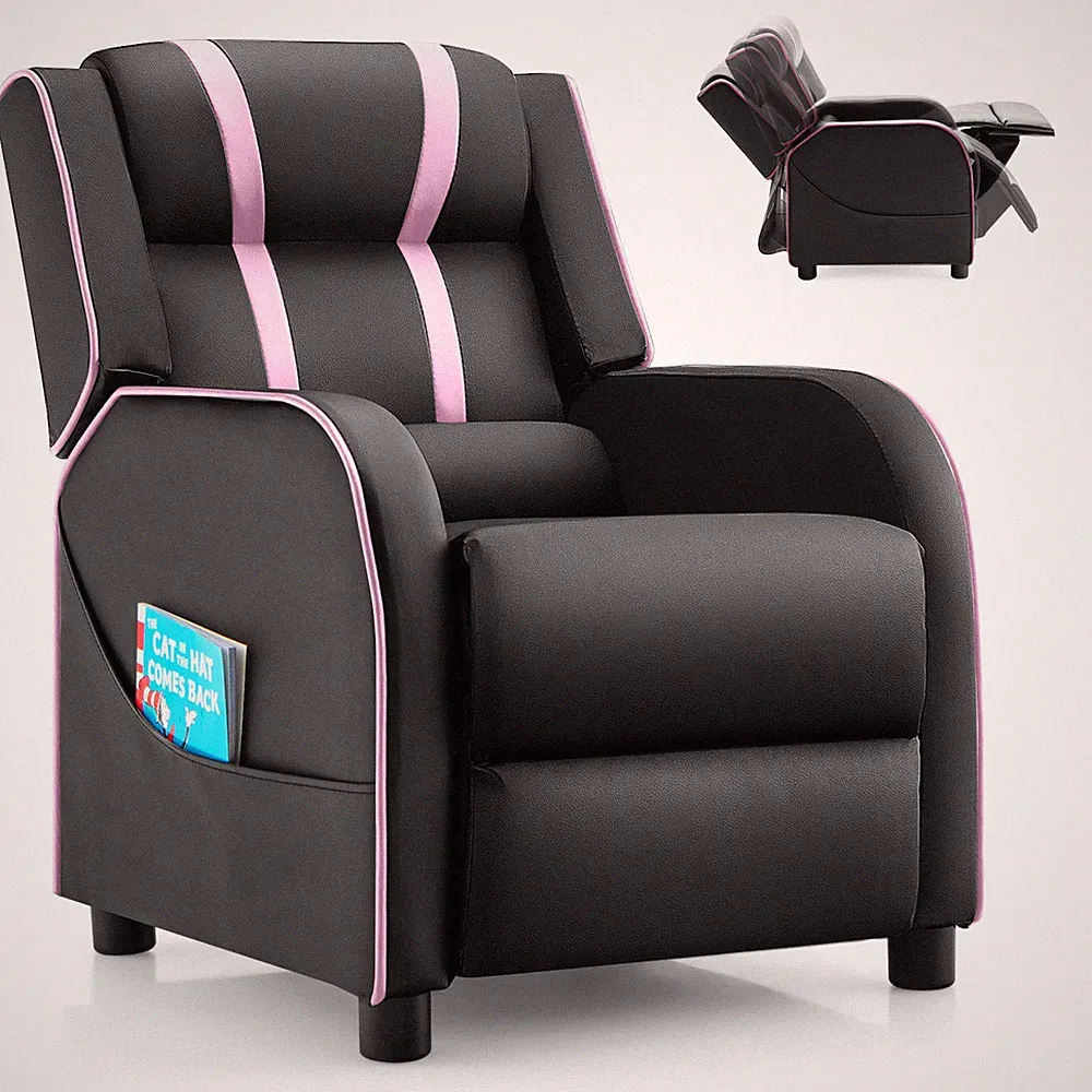 Kids Recliner Chair Ergonomic Leather Sofa Armchair w/Footrest Side Pocket Pink