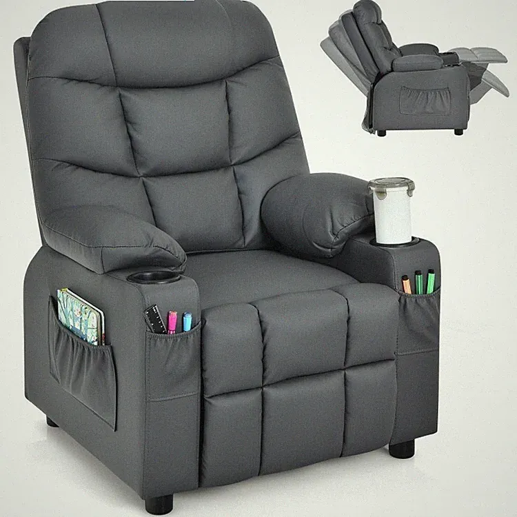Kids Recliner Chair PU Leather Children Room Chair W/ Cup Holders & Side Pockets