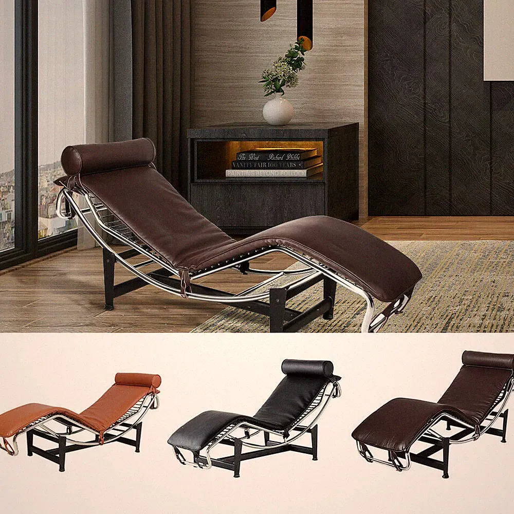 Mid-Century LC-4 Chaise Lounge Chair Recliner Chair Lazy Sofa Genuine Leather