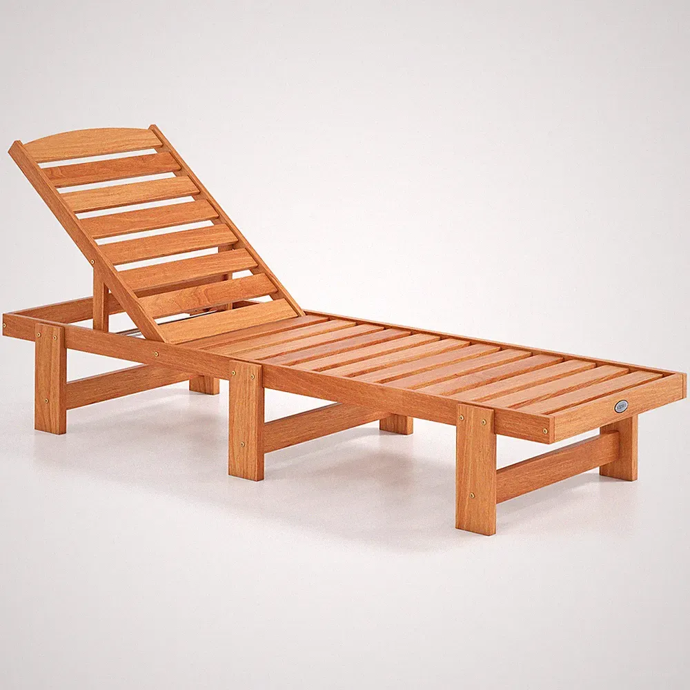 Patio Chaise Lounge Chair, Solid Wood Outdoor Recliner with Adjustable Backrest